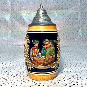 Vintage German Decorative Beer Stein W/ Lid - Three Men w/ Pipes